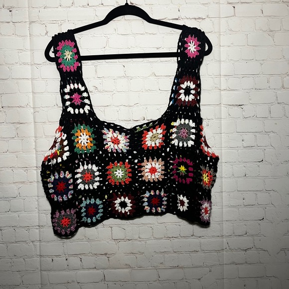 Crochet Granny Square Crop‎ Top Multi Color Boho Festival Sleeveless Tank 3XL - Picture 3 of 5